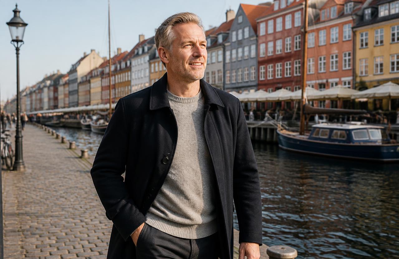 A Danish man walking along a Copenhagen canal after using UroVita Care Capsules